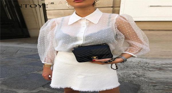 

fantoye 2019 summer women chiffon blouse shirt transparent mesh beading puff sleeve female office shirts lady blusa outfits469848532, White