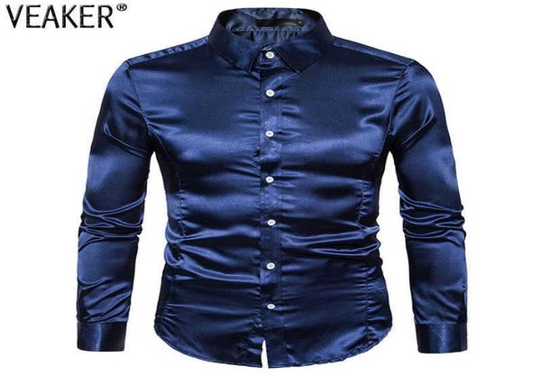 

2021 new men039s silk satin party shirts male slim fit long sleeve solid color shiny nightclub wedding shirt 10 colors s2xl x03843724, White;black