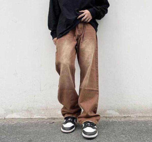 

men039s jeans brown baggy men fashion retro casual wideleg streetwear loose hip hop straight denim pants mens trousersmen0398380422, Blue