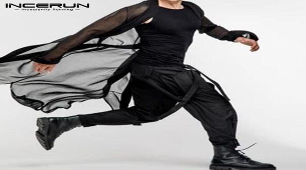 

fashion mesh men shirt open stitch cardigan streetwear transparent casual long sleeve style cloak 5xl men039s shirts6212631, White;black