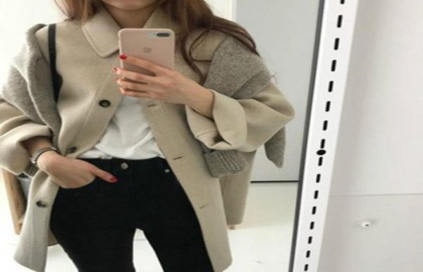 

design wool coat womenturn down causal blends winter coat single breasted woman jacket loose woolen outwear abrigos mujer invier2106594, Tan;black