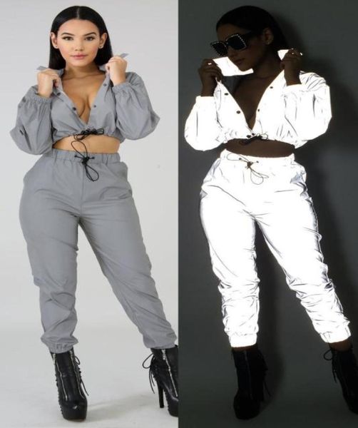 

night reflective solid women set casual long sleeve o neck crop with pants tracksuit night club party suit female set2529631, White