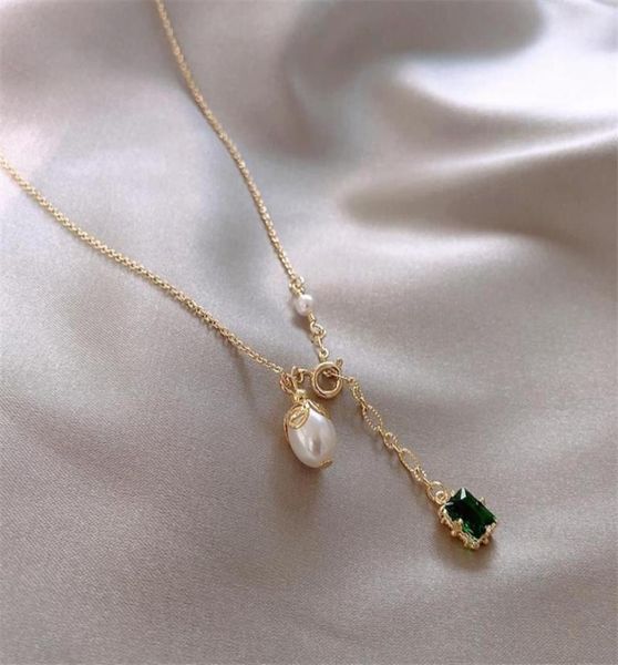 

linmouge korean green nature stone pearl pendant gold color necklace for women personality temperament chain jewelry nf10 chains6305290, Silver