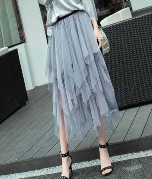 

skirts women irregular tulle fashion elastic high waist mesh tutu skirt pleated long midi saias faldas jupe femmleskirts1642465, Black