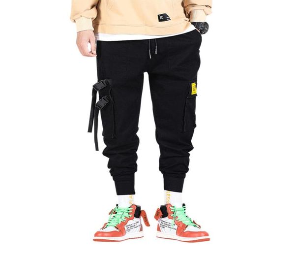 

cargo pants men polyester comfortable drawstring joggers trousers black white many pockets ankle banded male casual pants1121472