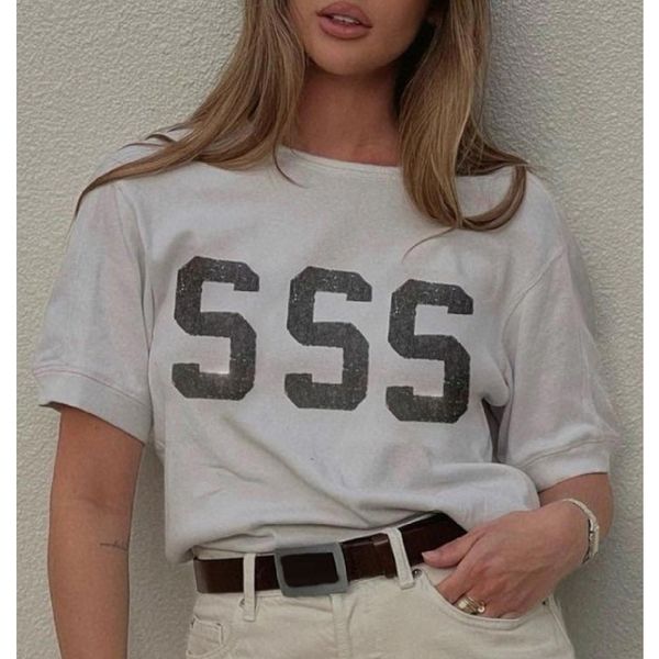 

8.14 fashion 100% cotton letter print t-shirt crew neck short sleeve badge embroidery white women's tees