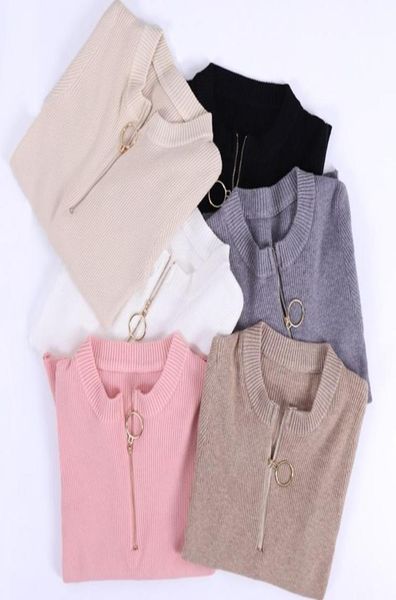 

zipper sweater women oneck white jumper full sleeve solid elastic soft female pullovers fashion knitted ladies sweaters1454525, White;black