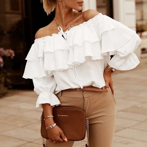 

summer off shoulder pleated long sleeved shirt casual layered womens top, White