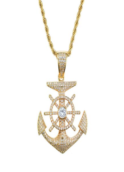 

boat anchor pendant necklace gold plated copper inlaid cubic zirconia pendant 60cm stainless steel chain men accessories3310052, Silver