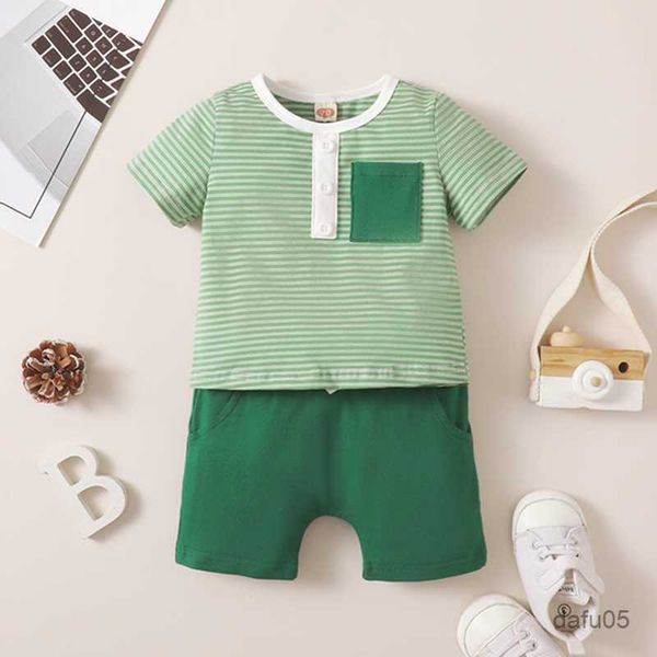 

clothing sets 2023-05-06 lioraitiin 0-3years baby boys 2pcs summer outfits striped short sleeve shirt with pockets shorts clothing set r2308, White