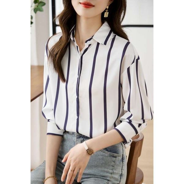 

stain striped shirt for women spring and autumn design niche chiffon all matching, White