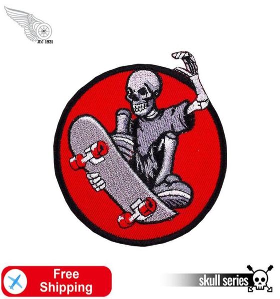 

skateboard skull embroidered patches cool appliques iron on custom for clothing biker jackets diy patch7389120, Black