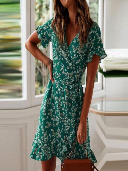 

casual dresses womens retro print dress 2021 women chiffon vneck mini short sleeve aline party vestidos5186972, Black;gray