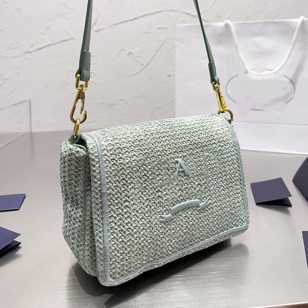 

6 colors women designer straw camera flap bag embroidery letters adjustable leather strap enameled triangle metal crossbody shoulder handbag