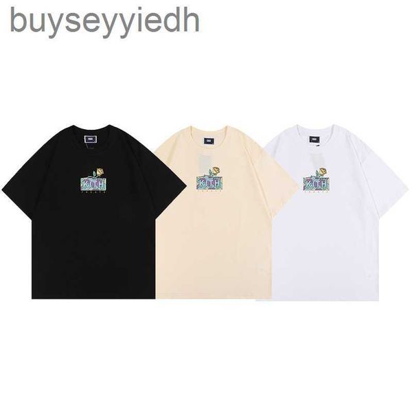 

kith 22 summer street fashion brand classic apricot rose print men's and women's loose couple t-shirt round neck short sleeve top, White;black
