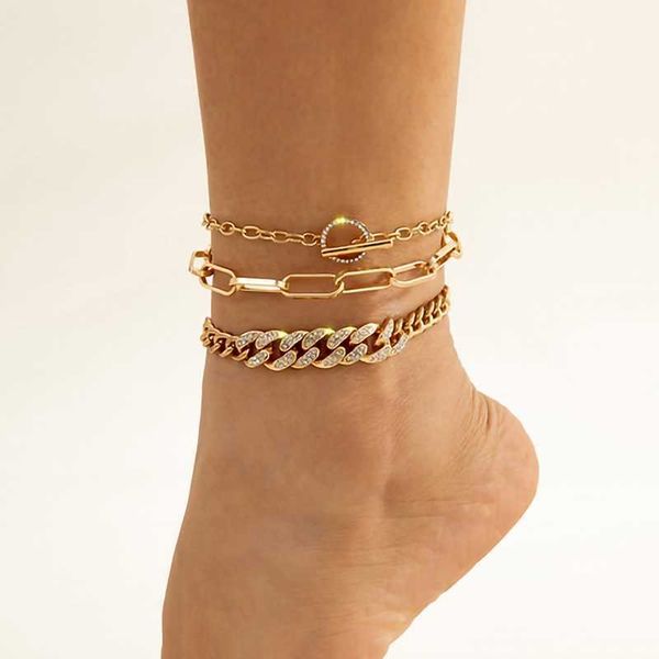 

3pcs set bling iced out rhinestone cuban link anklet for women vintage gold color ot buckle foot jewelry 230719, Red;blue
