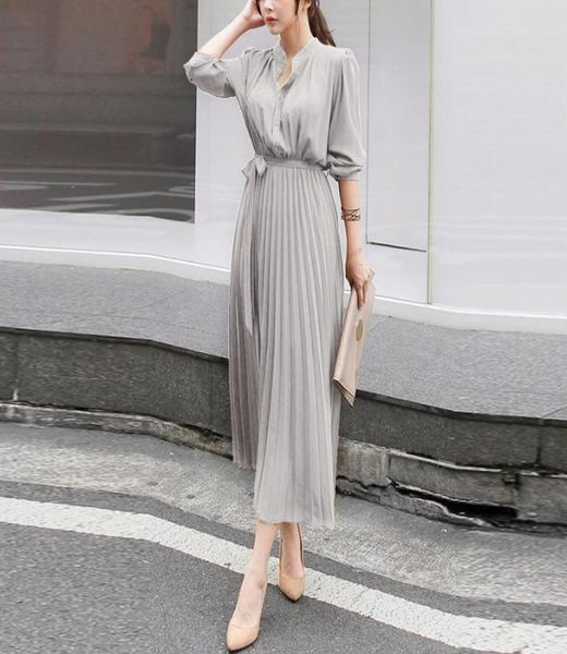 

women plus size dress loose solid vneck dress women long sleeve pleated party dresses elegant sashes ladies dresses ropa mujer5321525, Black;gray