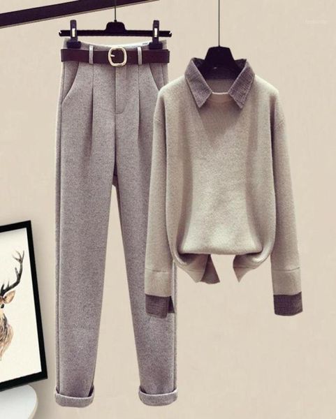

women 2021 autumn winter two piece suit female pullover sweater ladies high waist straight woolen casual pants set q2421 wome2427506, Gray