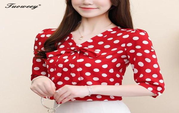 

polka dot women and blouse white chiffon red ladies shirts casual vintage v neck bow office half sleeve blusa mujer9384761