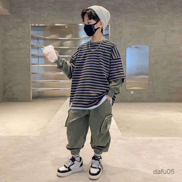 

clothing sets 2022 fashion big girls sports suits o collar stripe clothing set teenage spring autumn tracksuit kids sportswear 4-14 years r2, White