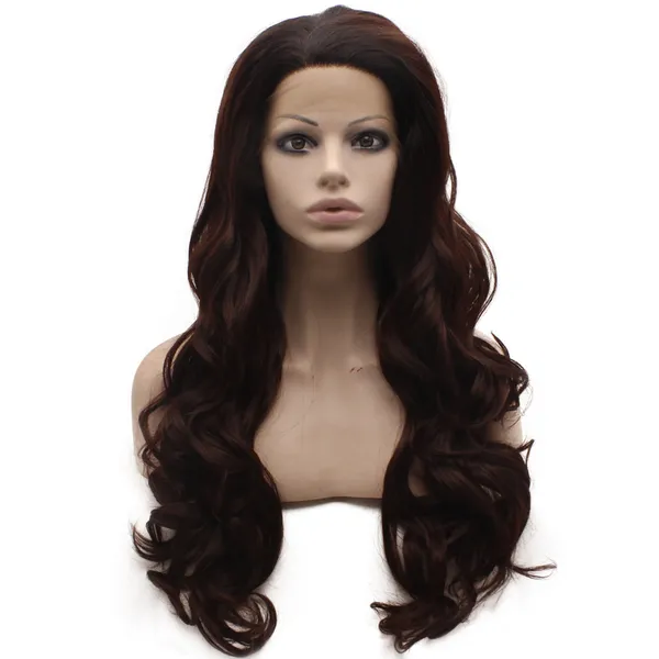 

sf5 front lace wig ombre dark root auburn wig, ombre synthetic wavy wig stylish natural hairline, Black