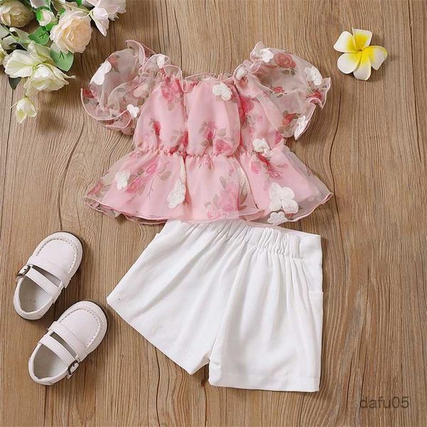 

clothing sets 2023-04-11 lioraitiin 2-7years toddler baby girl 2pcs fashion clothing set short sleeve boat neck floral shirt + short pants r, White