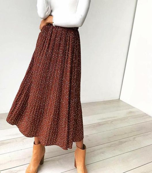 

skirts white dots floraprint pleated midi skirt women elastic high waist side pockets summer 2022 elegant female bottomskirts8853297, Black