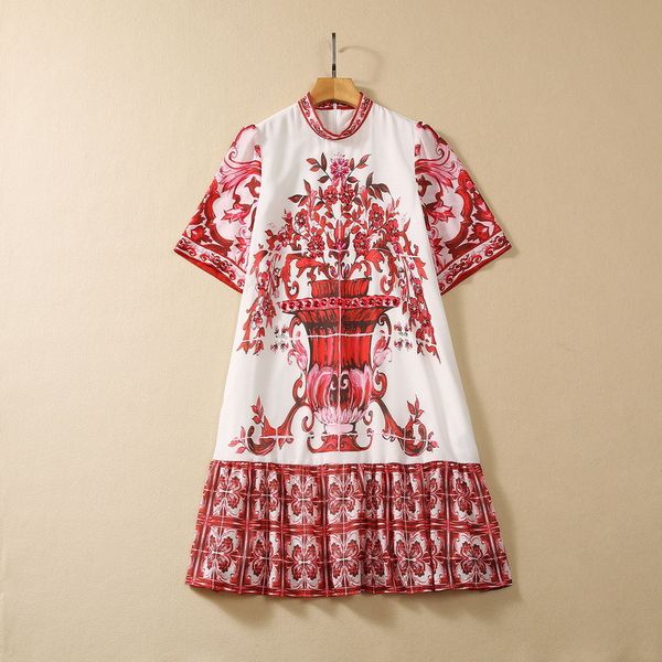 

european and american women's clothing 2023 autumn new stand collar five-quarter sleeve beaded court print fashion dress xxl, Black;gray