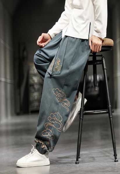 

men039s pants 2021 oversize wied leg harajuku cotton linen casual trousers male embroidery men jogging sweatpants streetwear4715515, Black