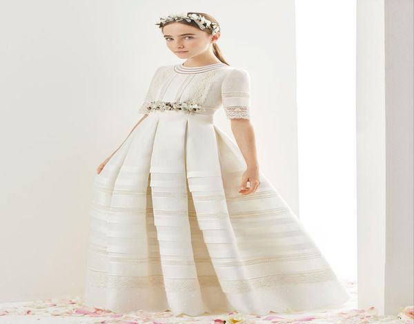 

ivory flower girls dresses for weddings half long sleeves lace hand made flower ruffles satin girls pageant dress first communion 1651737, White;blue