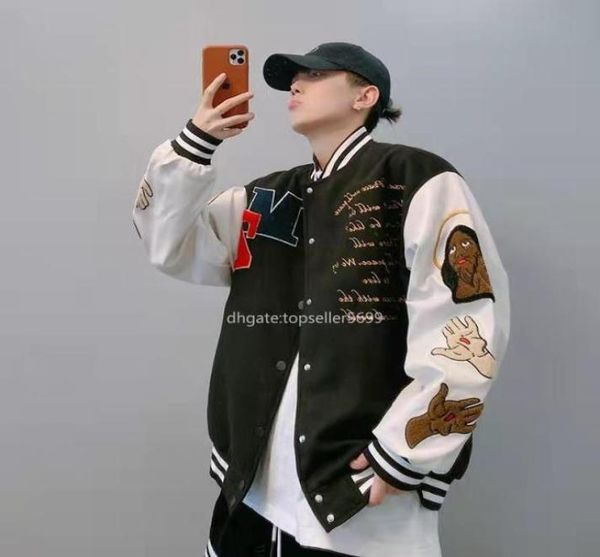 

flocking leather jacket men embroidery jackets fashion oversized hip hop varsity baseball leather sleeve loose fit letterma4633070, Black;brown