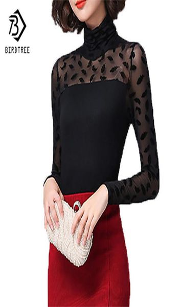 

autumn women mesh black blouse feather rose polka dot jacquard lace shirts strechy turtleneck ladies clothes plus size2694866, White