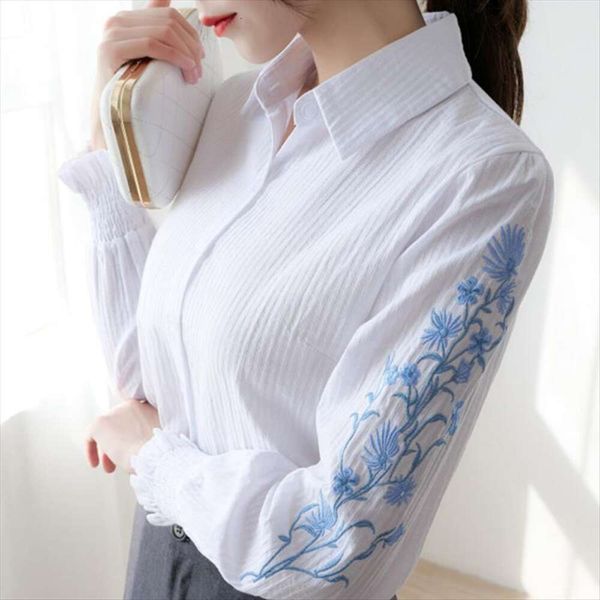 

pure cotton embroidered shirt womens clothing spring and autumn korean style slim long sleeved casual japanese, White