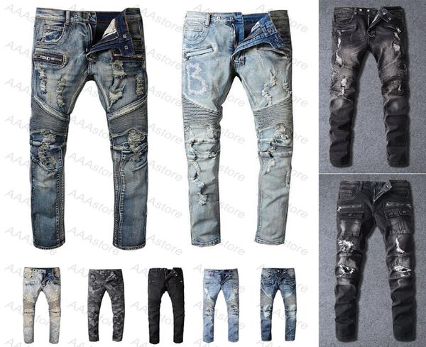 

mens designer jeans distressed ripped biker slim fit motorcycle bikers denim for men s fashion mans black pants pour hommes4811750, Blue