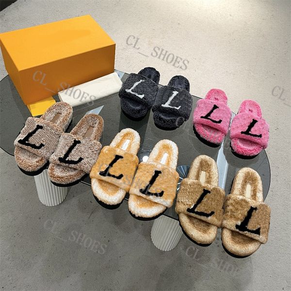 

designer women slippers winter sheepskin flat sandal warm mule beige bom dia letter printed slippers lambswool rubber outsole plush sandals, Black