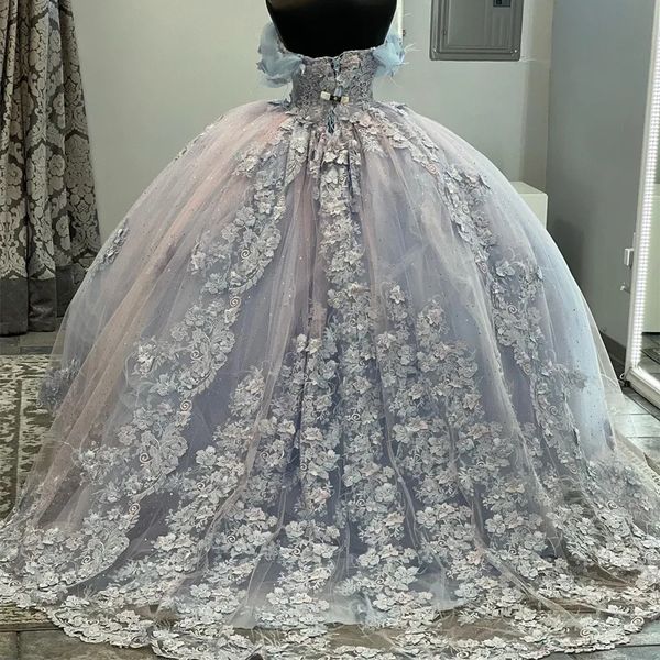 

sky blue shiny ball gown quinceanera dress 2023 off shoulder 3d flowers applique lace sweet 16 dress lace up vestidos de 15 anos, Blue;red