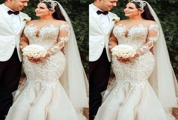 

2021 plus size arabic aso ebi lace beaded mermaid wedding gowns sheer neck long sleeves vintage bridal dresses zj2049033694, White