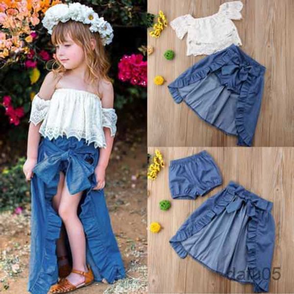 

clothing sets newborn girl kid lace off-shoulder t-shirt + denim ruffles fishtail pants bowknot dress party outfits clothing r230814, White