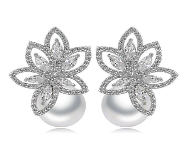 

pearl flower drop earrings bling white zircon fine jewelry wedding dangle earrings for women girl gift2811778, Golden;silver