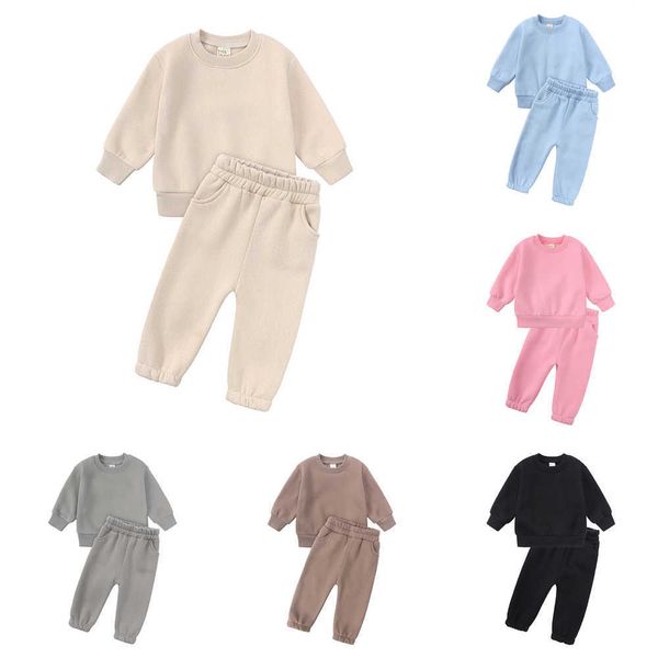 

autumn winter baby infant kids boys girls solid color cotton sweatshirt sweatpants hoodie thick clothes toddler clothing set, White