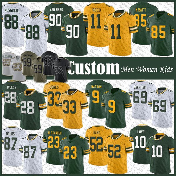 

custom 10 love christian watson football jersey tucker kraft jayden reed lukas van ness david bakhtiari aj dillon aaron jones jaire alexande, Black;red