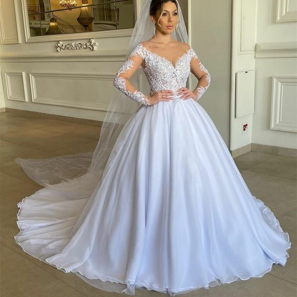 

vintage long shear neck lace wedding dresses with sleeves a-line tulle ivory illusion back pleats sweep train bridal gowns vestido de novia, White