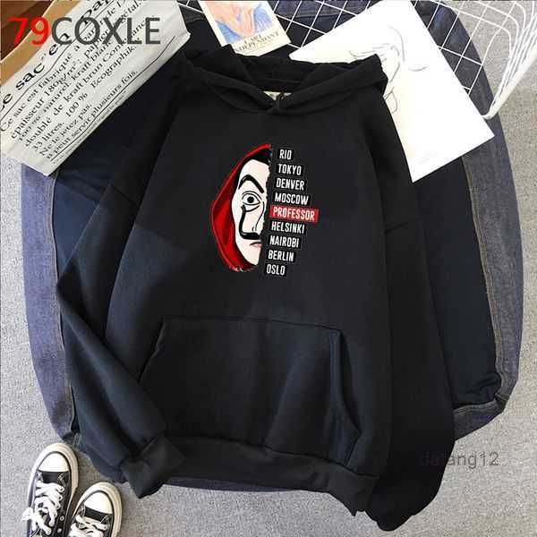 

la casa de papel designer hoodies costume face sweatshirt men's raglan pullover the house paper hoody men autumn tracksuit streetwear b, Black