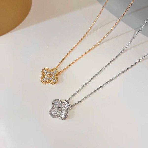 

designer four-leaf clover luxury accessories for women cleef necklace for women thickened 18k rose gold full diamond classic versatile penda, Black