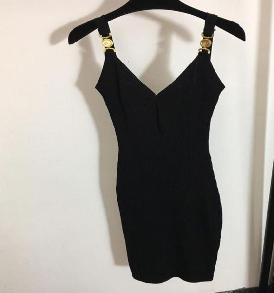 

women runway dresses v neck sleeveless knit slim dress female gold button long milan party clothing4556841, White;black