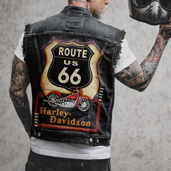 

men's vests denim vest 2023 spring and autumn motorcycle print design punk style casual plussize 230812, Black;white