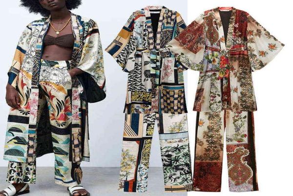 

2pcs women za shirts trousers suit summer full printed xlong laceup blouse set female pants casual clothes 2112167726732, White