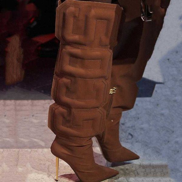 

autumn women thigh high boots stretch lycra ladies botas mujer unique cube letter runway shoes iron heels botas altas mujer g220720, Black