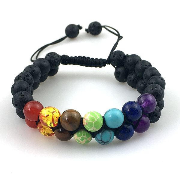 

8mm beaded strands 7 chakra bracelet black volcanic lava beads reiki healing balance double layer row natural stone yoga bracelets adjustabl