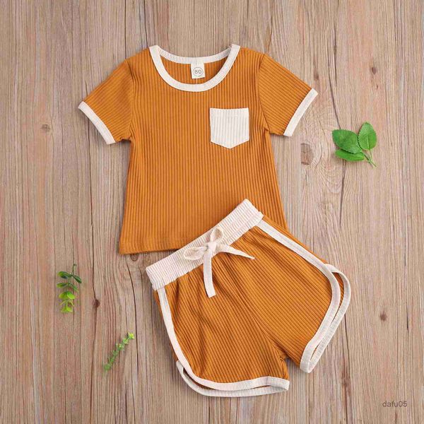 

clothing sets baby summer clothing kids baby 2-piece ribed outfit set short sleeve pocket shorts set for children boys girls r230814, White